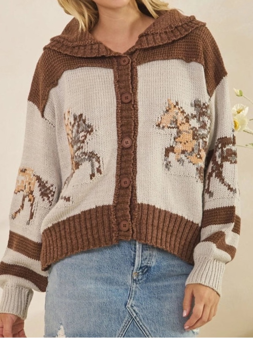 Veveret Heavy Knit Western Horse Print Brown Button Up Sweater Cardigan Medium - Picture 2 of 10